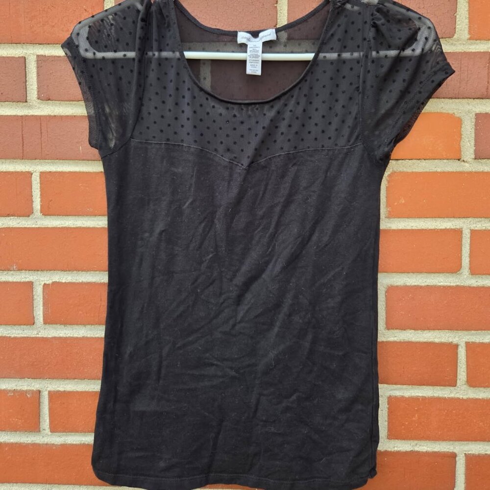 Black Polka Dot Sheer Mesh Top T-Shirt - By Ambiance Apparel - Size M